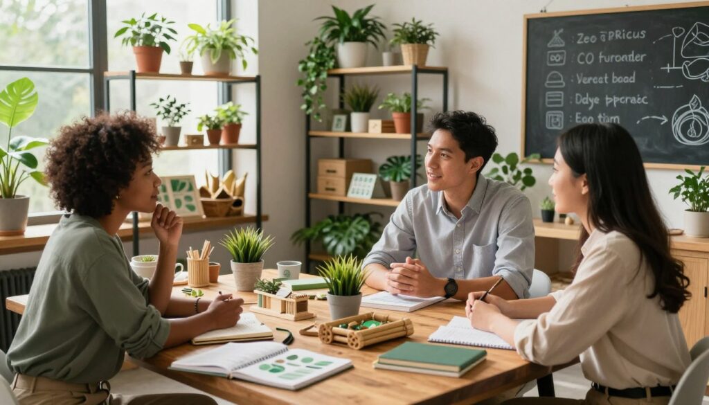 A cozy indoor space filled with plants, emphasizing eco-conscious living. In the foreground, a diverse group of three individuals—one Black woman, one Hispanic man, and one Asian woman—are engaged in a lively discussion around a wooden table adorned with sustainable materials like bamboo and cloth. They are dressed in professional casual clothing, surrounded by educational materials such as books and notebooks focused on zero waste and sustainability. In the middle, shelves lined with eco-friendly products and potted plants create a lush atmosphere. Soft, natural light streams through a window, casting gentle shadows and highlighting the verdant greenery. In the background, a chalkboard with illustrations of eco-tips adds an educational touch, conveying a warm, inviting atmosphere of learning and collaboration in the realm of zero waste living.
