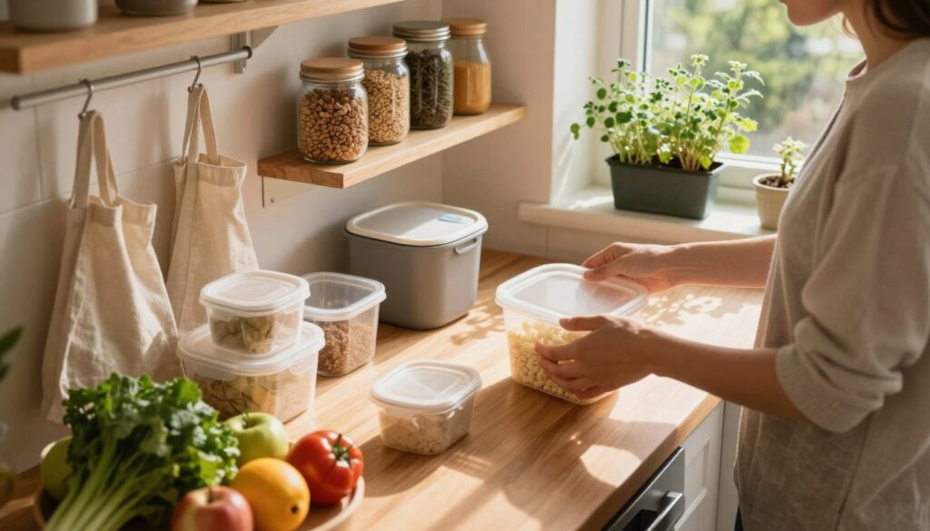 A cozy kitchen filled with natural light, featuring a person in modest casual clothing actively involved in reducing waste. In the foreground, a wooden countertop showcases reusable containers, a compost bin, and fresh fruits and vegetables, all emphasizing sustainability. The middle ground includes a neatly organized pantry with glass jars filled with bulk grains and spices, and cloth bags hanging on hooks for shopping. In the background, a window reveals a small herb garden growing outside, adding greenery to the scene. The lighting is warm and inviting, casting soft shadows to create a calm atmosphere. The angle is slightly overhead, capturing the essence of eco-friendly living and the joyful practice of zero waste in the kitchen.