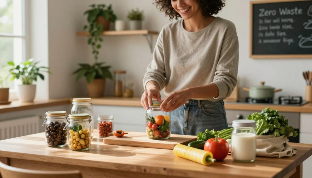 A cozy kitchen scene promoting the concept of zero waste living for beginners. In the foreground, a wooden table is filled with sustainable items like reusable jars, cloth bags, and fresh produce wrapped in beeswax wraps. In the middle ground, a person dressed in modest casual clothing is demonstrating how to store food sustainably, with a satisfied smile. The background features shelves with houseplants, and a chalkboard displaying simple zero waste tips. Soft, natural lighting filters through a window, casting warm shadows and creating an inviting atmosphere. The overall mood is cheerful and inspiring, encouraging viewers to embrace a low-waste lifestyle while preserving the Earth.
