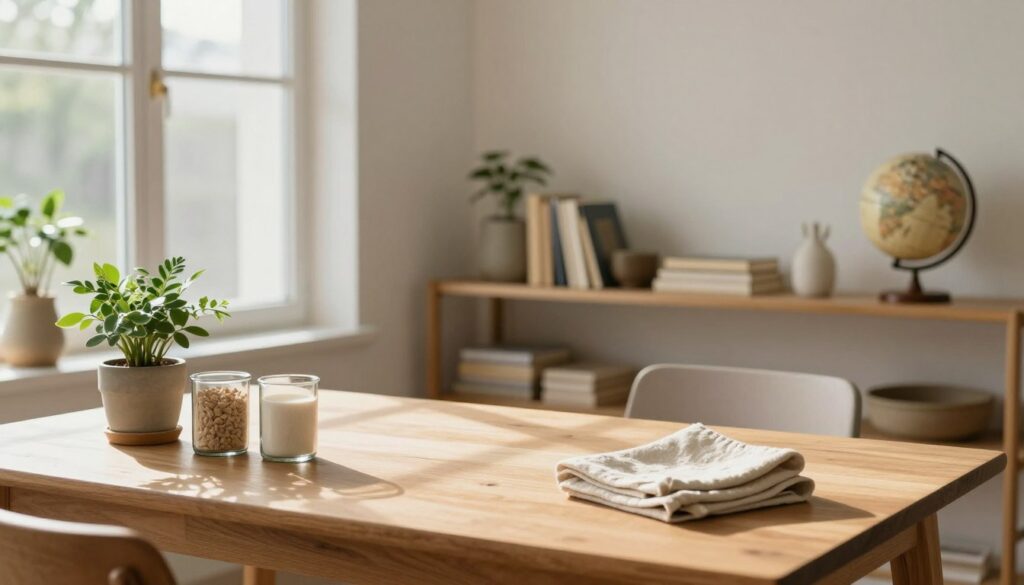 A cozy, minimalistic living space bathed in soft, natural light, showcasing eco-conscious living. In the foreground, a wooden table with a few potted plants, reusable glass containers, and organic cotton cloths, hinting at a zero-waste lifestyle. The middle ground features a simple chair and a shelf with neatly arranged books, sustainable decor items, and a globe, symbolizing global consciousness. In the background, large windows allow sunlight to stream in, illuminating the room with a warm, welcoming glow. The atmosphere is calm and serene, promoting a sense of tranquility and mindfulness. The composition should convey a perfect blend of simplicity and sustainability, with a focus on natural materials and earthy tones. The scene should evoke feelings of peace and a connection to nature, ideal for embracing minimalism.