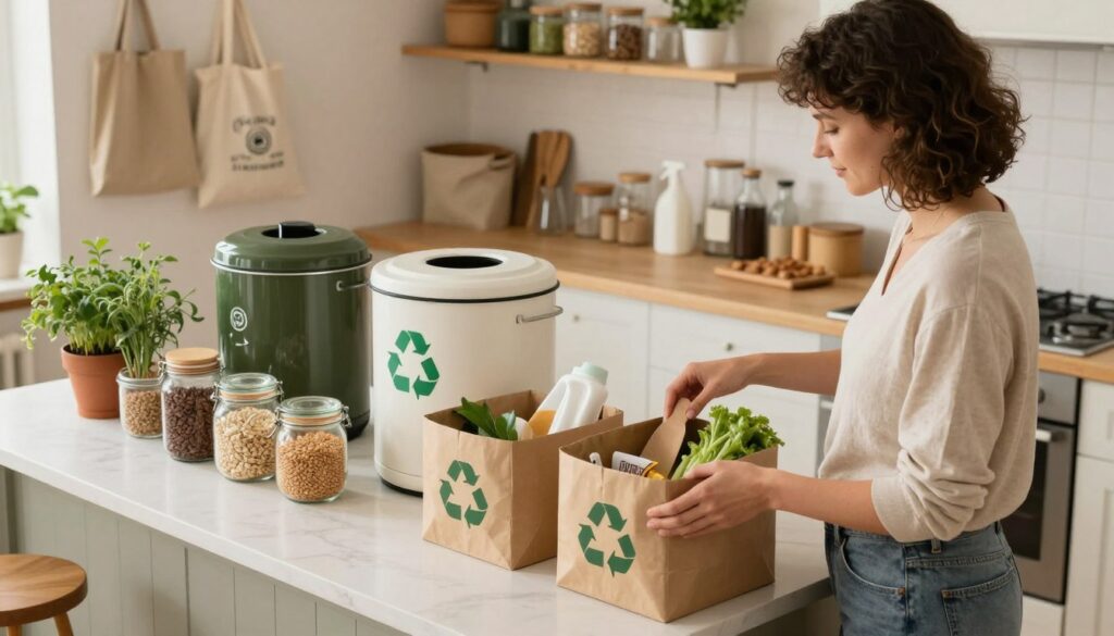 A cozy, well-organized kitchen filled with eco-friendly products symbolizing waste-free living. In the foreground, a woman in modest casual clothing is sorting recyclable materials into labeled bins made from sustainable materials. In the middle, a kitchen island has jars filled with bulk grains, a stylish compost bin, and potted herbs, showcasing a practical approach to zero waste. The background reveals shelves lined with reusable bags, glass containers, and natural cleaning supplies. Soft, warm lighting illuminates the scene, creating an inviting atmosphere. The angle is slightly above eye level, providing a clear view of the organized chaos that reflects both the challenges and solutions of living a sustainable lifestyle. The overall mood is hopeful and encouraging, emphasizing the journey towards zero waste living.