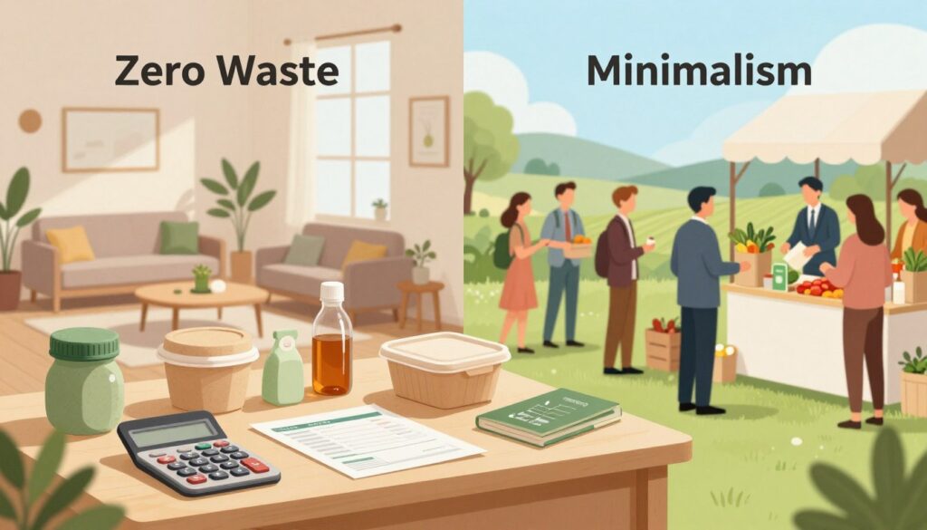 A detailed split-scene illustration representing the financial aspects of "Zero Waste" and "Minimalism." In the foreground, a neatly organized table displays eco-friendly products, reusable containers, and a calculator, symbolizing budgeting and financial planning. To the left, a clutter-free, minimalist living space with attractive yet simple furniture, showcasing efficient use of space and resources. In contrast, to the right, a vibrant community market scene with people in professional business attire buying fresh produce and sustainable goods, highlighting the cost implications of mindful consumption. The background features a serene landscape with green fields and a clear blue sky, evoking a sense of balance and harmony. Soft natural lighting enhances the warmth of the scene, and a slight tilt-angle adds depth and focus. The overall atmosphere is engaging, inspiring viewers to consider the economic benefits of these lifestyles.