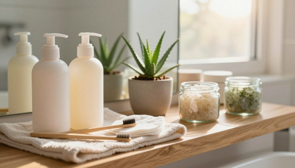 A serene bathroom scene showcasing eco-friendly personal care products prominently on a beautiful wooden shelf. In the foreground, there are refillable shampoo and conditioner bottles, bamboo toothbrushes, and natural cotton pads, neatly arranged on a soft, neutral-toned washcloth. The middle of the image features a small potted aloe vera plant and glass containers filled with homemade scrubs. In the background, sunlight streams through a frosted window, casting a warm glow that enhances the calming atmosphere. The overall mood is fresh and inviting, promoting sustainability and self-care. Use a soft focus lens to create a cozy depth and clear details, emphasizing the eco-friendly aspect without distractions or clutter.
