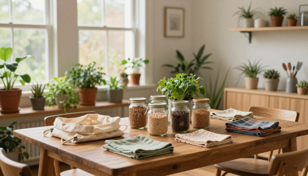 A spacious, sunlit room filled with various eco-friendly tools and resources reflecting a lifestyle of sustainability. In the foreground, a wooden table showcases reusable produce bags, glass jars filled with grains, and colorful cloth napkins, all organized neatly. The middle ground features a lush indoor garden with potted herbs and succulents, bringing a touch of nature indoors. In the background, large windows allow natural light to pour in, illuminating the soft, earthy tones of the decor and promoting a cozy, inviting atmosphere. The room has a calm, inspiring vibe, suggesting a simple yet meaningful approach to eco-friendly living. The lighting is warm and inviting, emphasizing the organic textures present throughout the scene.