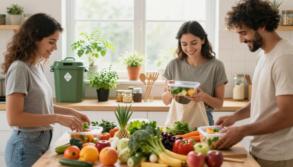 A vibrant and harmonious kitchen scene, showcasing the positive effects of zero waste living. In the foreground, a diverse group of three individuals—two women and one man—dressed in modest casual clothing, joyfully engaged in meal preparation with fresh, organic ingredients. They are using reusable containers and cloth bags, surrounded by an array of colorful fruits and vegetables. The middle layer features a compost bin, a small garden with herbs, and a collection of eco-friendly products like glass jars and bamboo utensils. The background shows a bright, sunlit window with potted plants, symbolizing a healthy indoor environment. Soft, natural lighting enhances the warm atmosphere, conveying a sense of community and well-being, as they embrace sustainable living while promoting a healthy lifestyle.