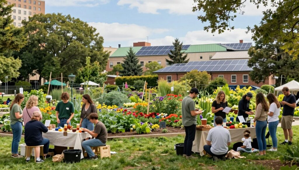 A vibrant community marketplace set in a lush green park, showcasing the positive impacts of eco-friendly practices. In the foreground, diverse individuals, including families and young professionals, engage in activities like shopping from local vendors selling organic produce and handmade goods, all wearing modest casual clothing. In the middle ground, a community garden brimming with colorful flowers and vegetables illustrates the benefits of a zero-waste lifestyle. The background reveals a clear blue sky framed by city buildings, with solar panels and green rooftops visible, emphasizing sustainable urban living. Soft, natural lighting creates a warm and inviting atmosphere, enhancing the sense of community and collaboration. Shot from a slightly elevated angle, the image captures the vibrancy and interconnectedness of a zero-waste community.