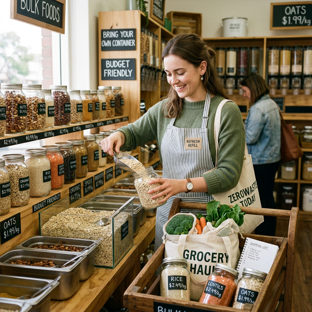 Woman scooping oats into a jar at a bulk food store