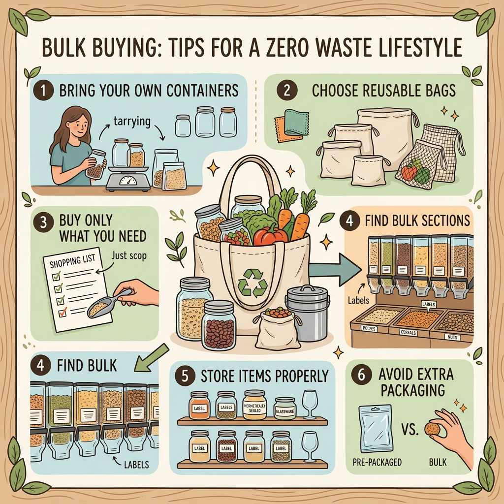 Illustrated guide to bulk buying tips for zero waste lifestyle including containers, reusable bags, shopping list, bulk sections, storage, and avoiding packaging.