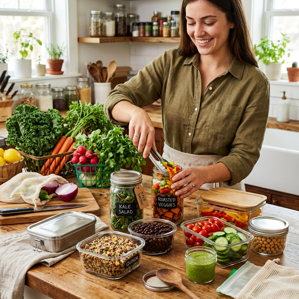 Woman preparing meal with vegetables and grains in labeled containers