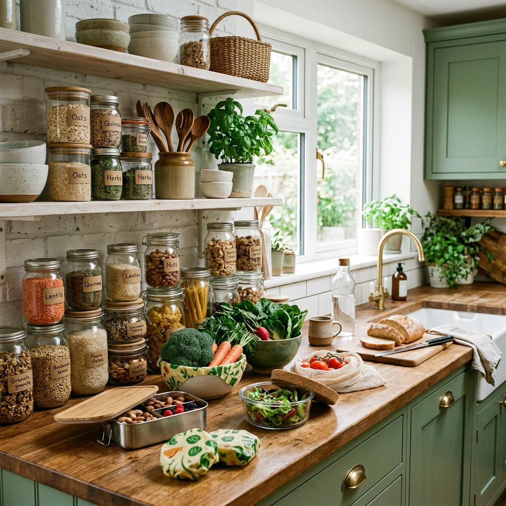 Kitchen countertop with labeled jars of grains, fresh vegetables, bread, and plants near a window