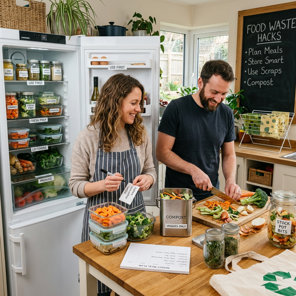 Couple preparing vegetables with labeled food storage and composting containers in kitchen
